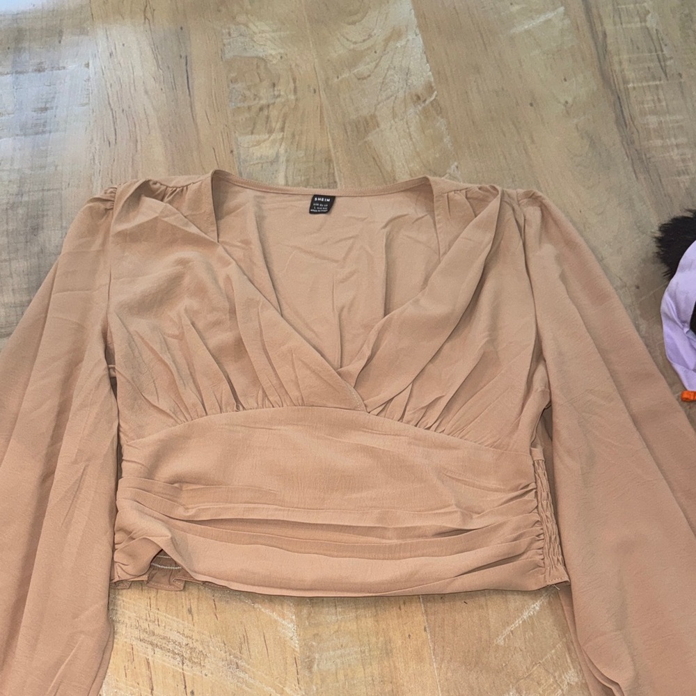 SHEIN Tan Wrap V-Neck Long Sleeve Ruched Crop Blouse